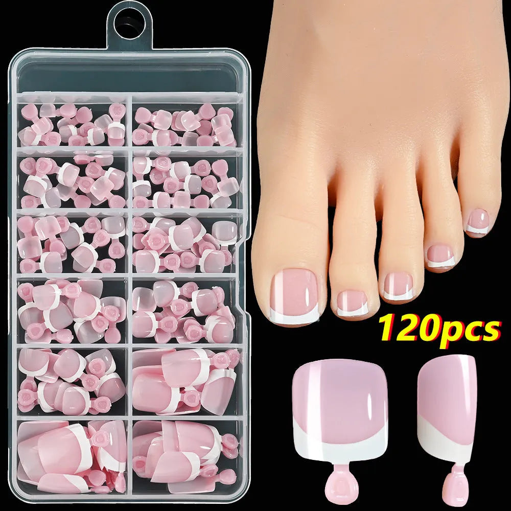 Box of 120 French white edge nude full square short artificial nail pieces showing nine colour shades