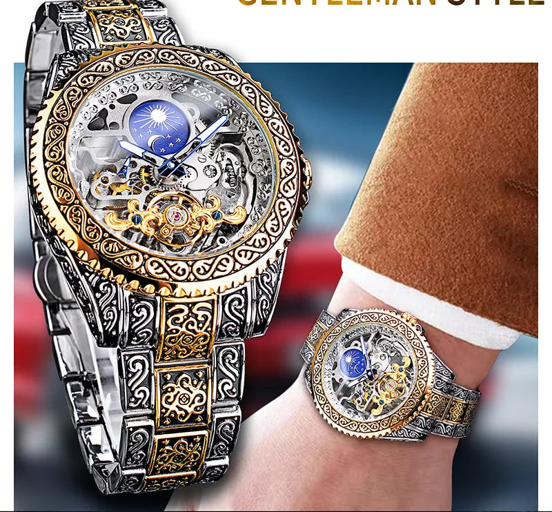 Forsining yellow skeleton tourbillon mechanical watch with stainless steel case and band