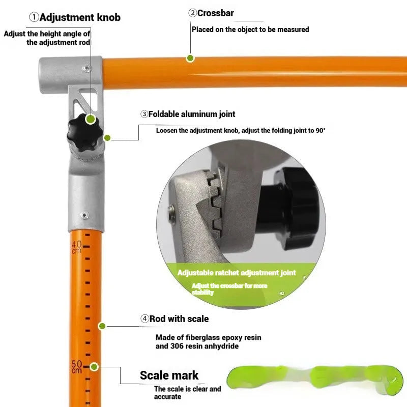 Telescopic fibreglass cargo truck height measuring rod extended to full length showing measurement scale.
