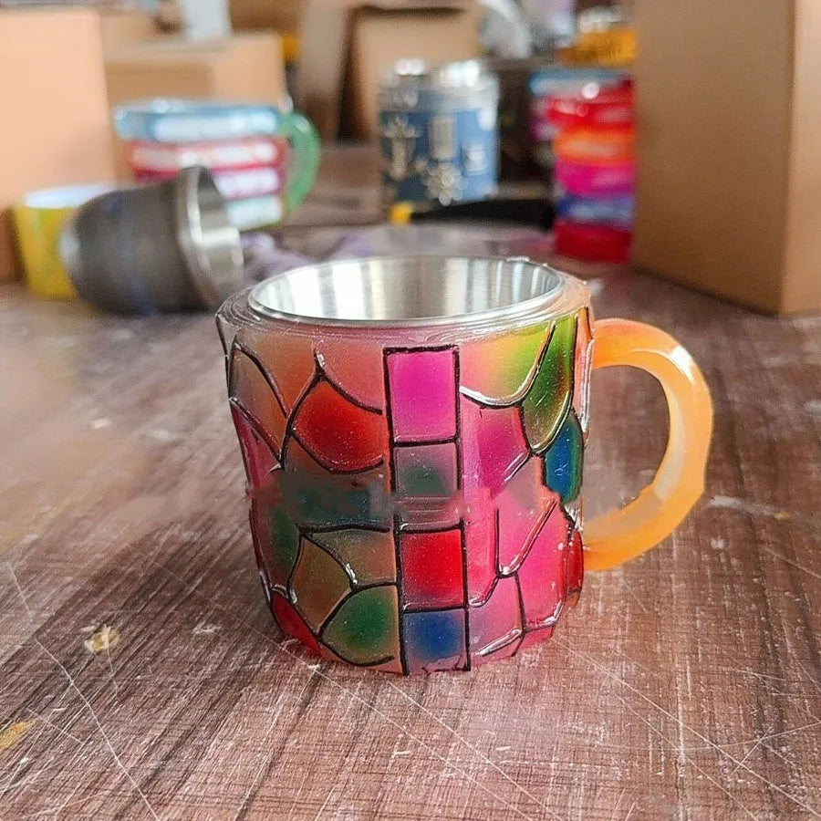 A bookmark-shaped synthetic resin coffee cup in an American craft style.