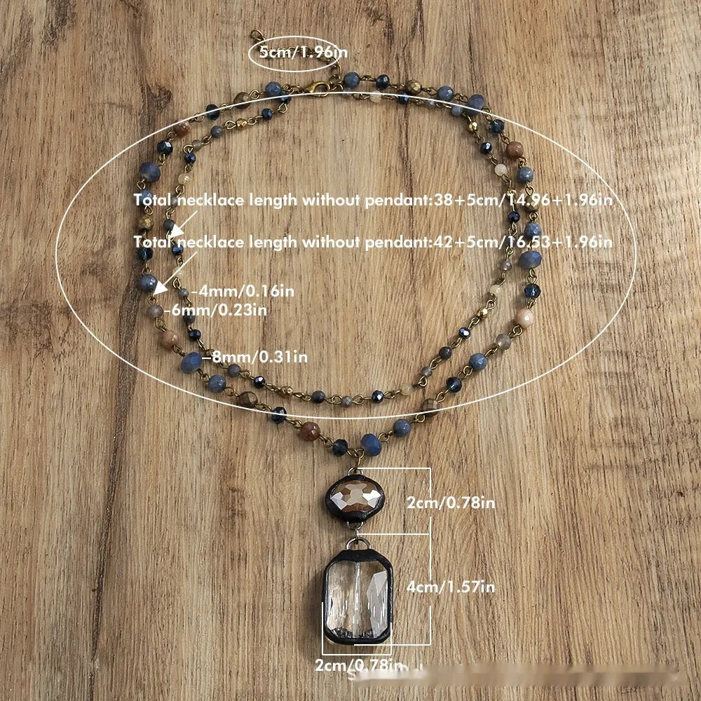 Tribal style adjustable necklace with stone and glass pendants in 2-layer design