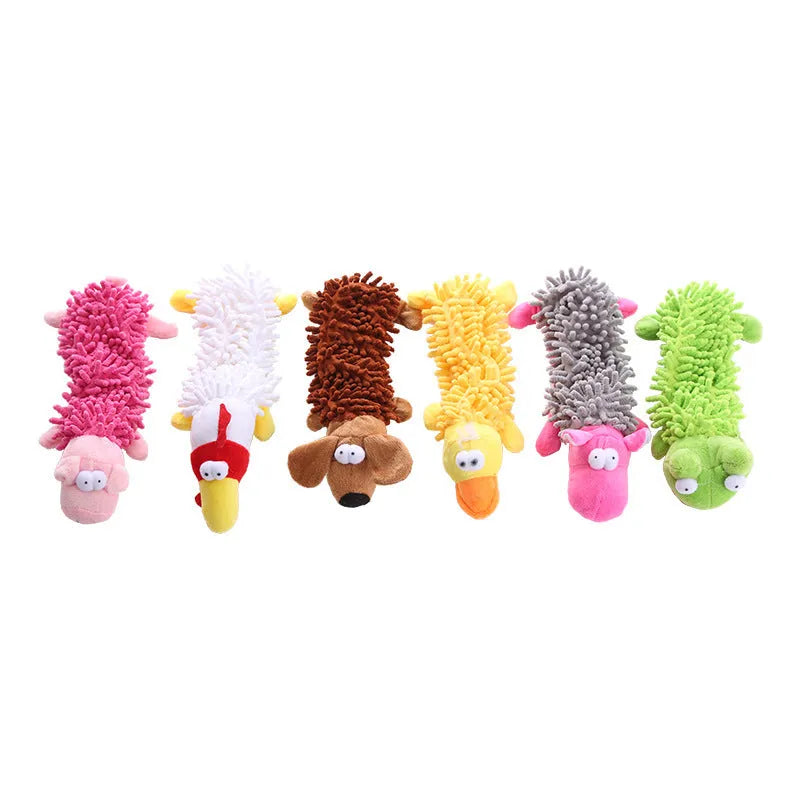 Plush microfiber dog chew toy in animal shape with visible horse molar texture for biting.