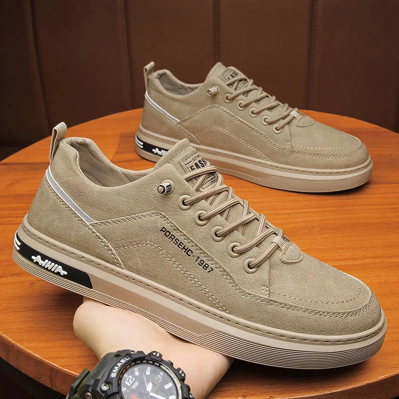 Men's waterproof casual shoes with rubber soles in khaki colour showing round toe and low-top design