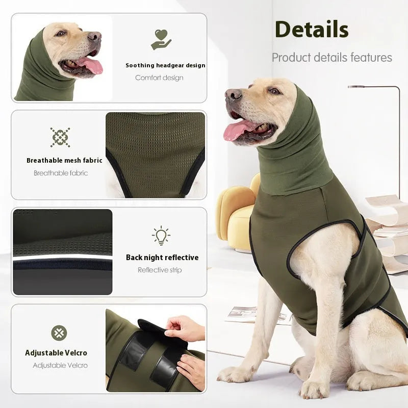 Army green dog calming anxiety relief jacket on a medium-sized dog