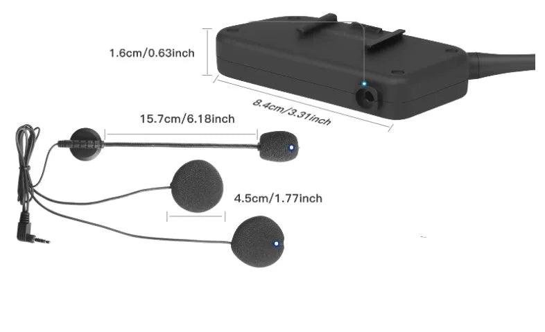 V6 Pro motorcycle helmet Bluetooth intercom unit with mounting clip and headset, shown with its 800m range and compact dimensions.
