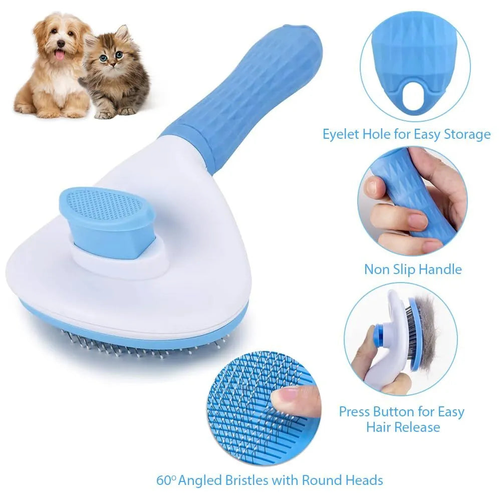 Blue cat grooming brush with a release button and fine wire bristles for pet hair removal.