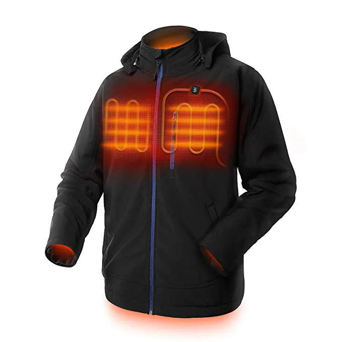 Black men's USB heated waterproof winter coat with zip pockets and straight hem design