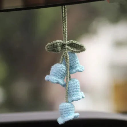 Green and white knitted wool car plant decoration hanging from 25cm white rope