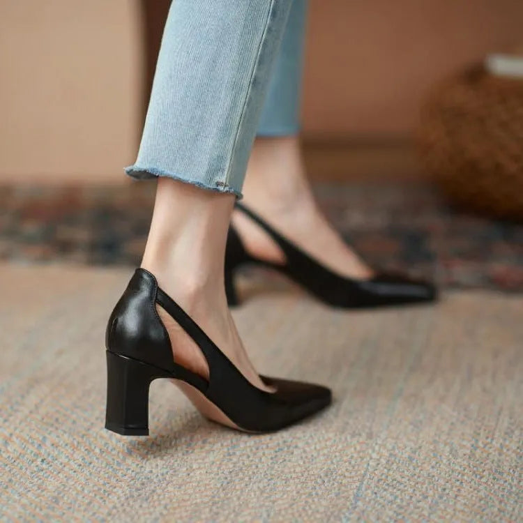 Women's high heels with 6.5cm thick rice heel, first layer cow leather upper, cow tendon sole, black or off white, sizes 34-39