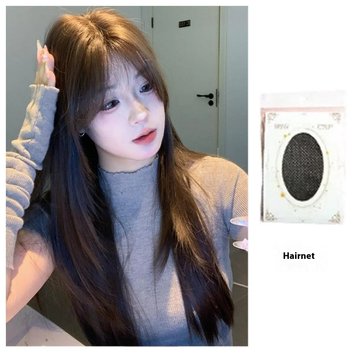 Cold brown layered straight synthetic wig on display showing full-head coverage and natural hairline