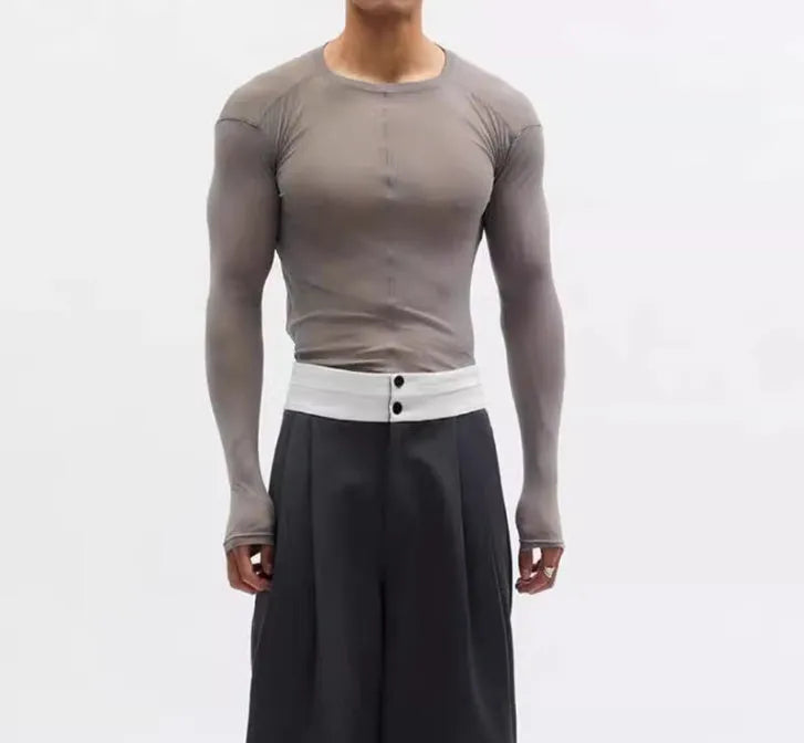 Black slim-fit women's pullover with mesh see-through texture and long sleeves