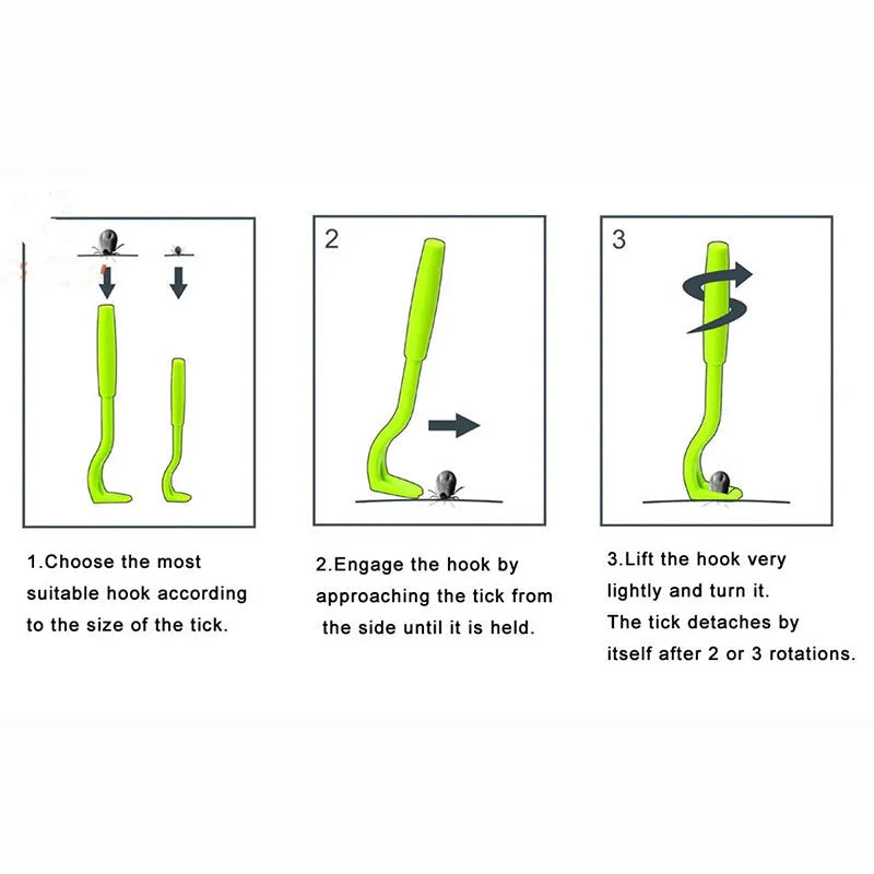 Set of three blue and green plastic pet tick removal clips on a white background.