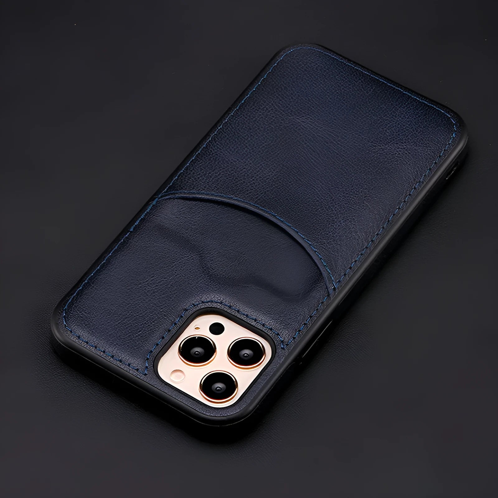 Dark blue PU leather protective case for iPhone, shown from the back.