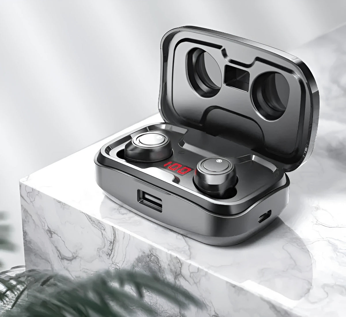 Black Bluetooth earplug headphones with charging case and protective covers