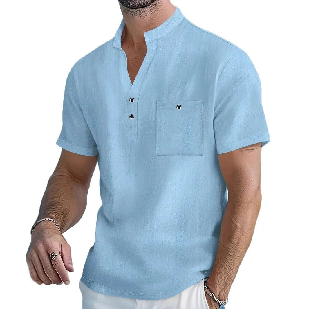 Men's linen stand collar short sleeve shirt in light blue colour showing loose fit design