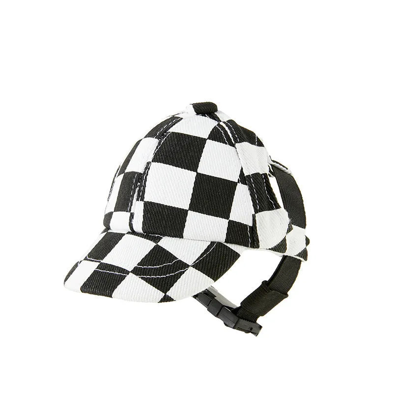 Plaid cotton dog baseball hat in brown or black, sizes S to XL, for small and medium dogs.