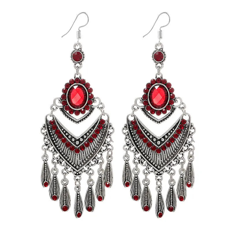 Retro purple fringe earrings with drop shape and crystal elements