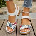 White women's high heel sandals with a Velcro strap fastener on a casual rubber sole.