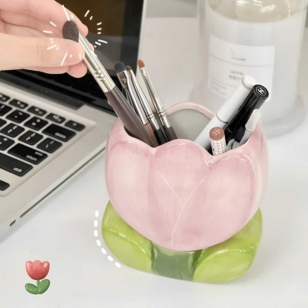Ceramic flower pen holder storage box with floral pattern in blue, pink, or purple designs