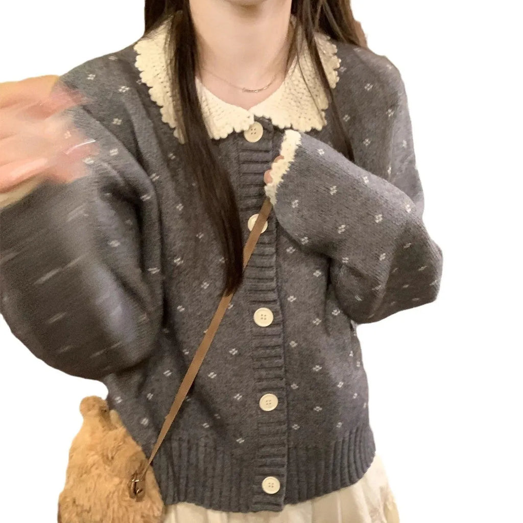 Retro Peter Pan collar floral pattern knitted cardigan coat in navy blue colour