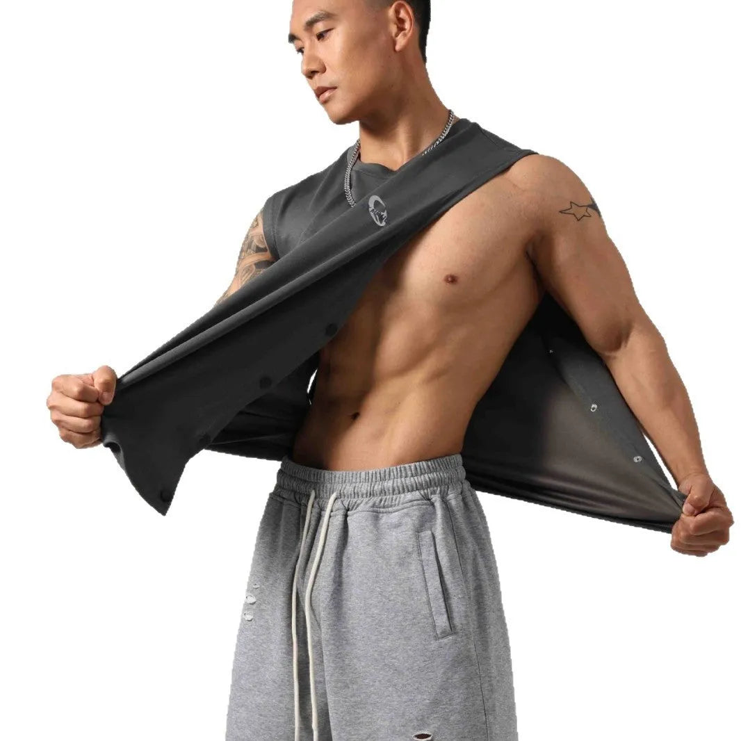 Korean style loose cotton fitness vest for men with hidden hook side opening in black colour
