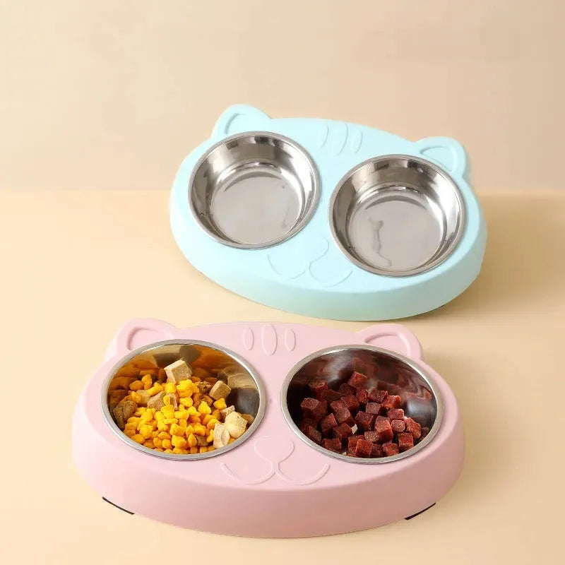 Macaron-shaped plastic double bowl pet feeder in blue colour with separate food and water compartments