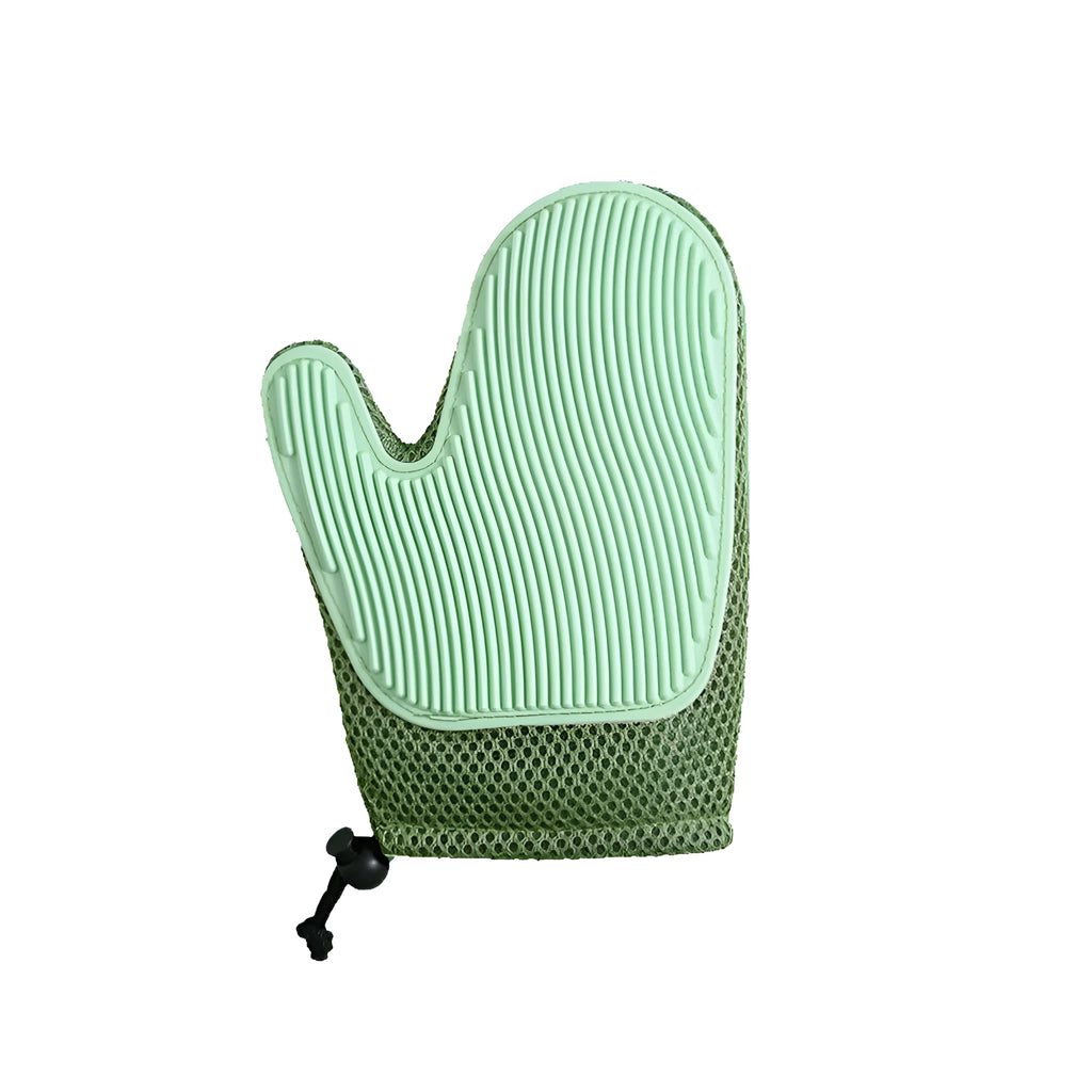 Right hand pet hair removal glove in dark blue, light green or yellow for cat and dog grooming