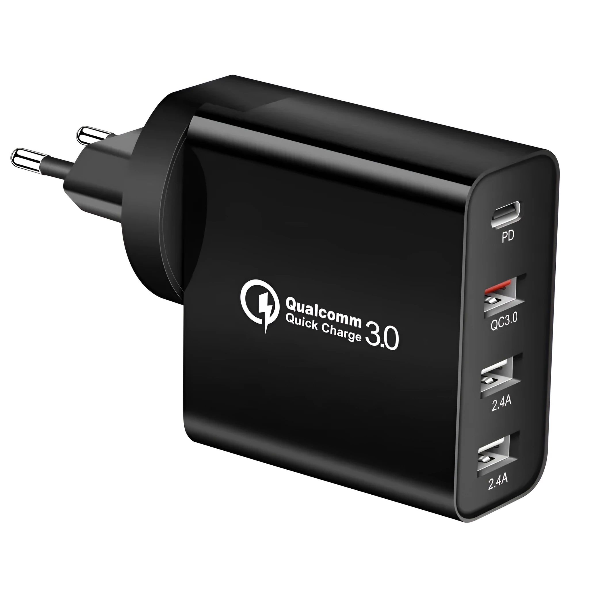 White 4-port fast wall charger with PD, QC, and USB ports on a table