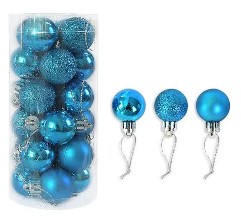 Assorted gold, red, silver and blue 3cm diameter shiny matte Christmas baubles displayed together.
