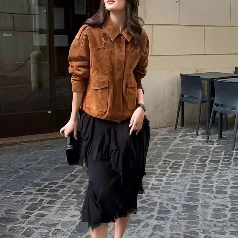 Women's brown suede-style polyester coat with regular sleeves for streetwear fashion