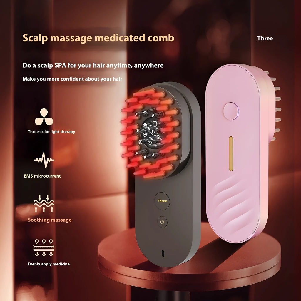 Smart massage comb with red light therapy function in pink and black colours