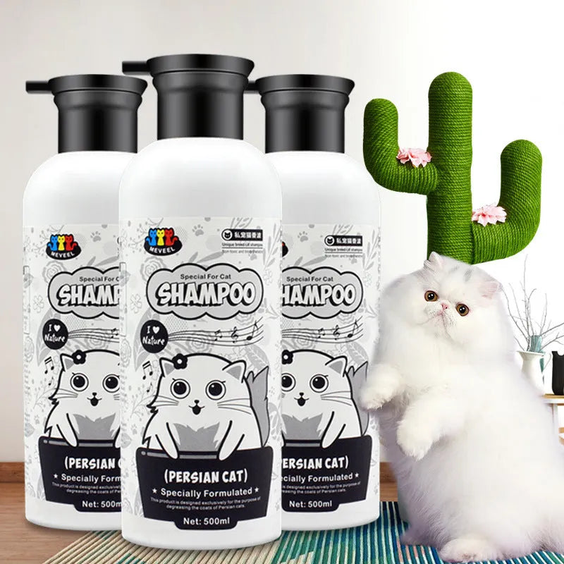 500ml cat shower gel bottle for anti-mite sterilization and degreasing, with 280ml black chin oil deoiling lotion for cats
