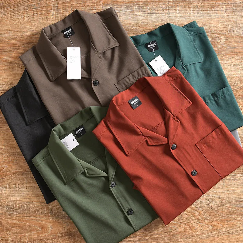 Men's lightweight loose fit short sleeve shirt in solid colour with cardigan style