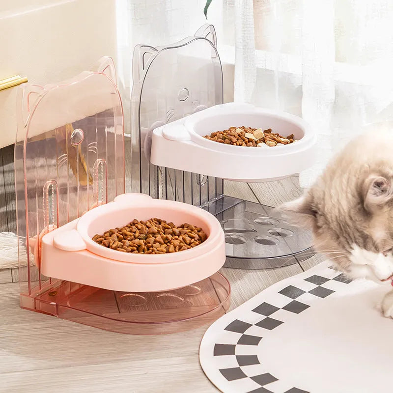 Grey adjustable height cat feeding bowl with anti-spill design and removable hanging cage