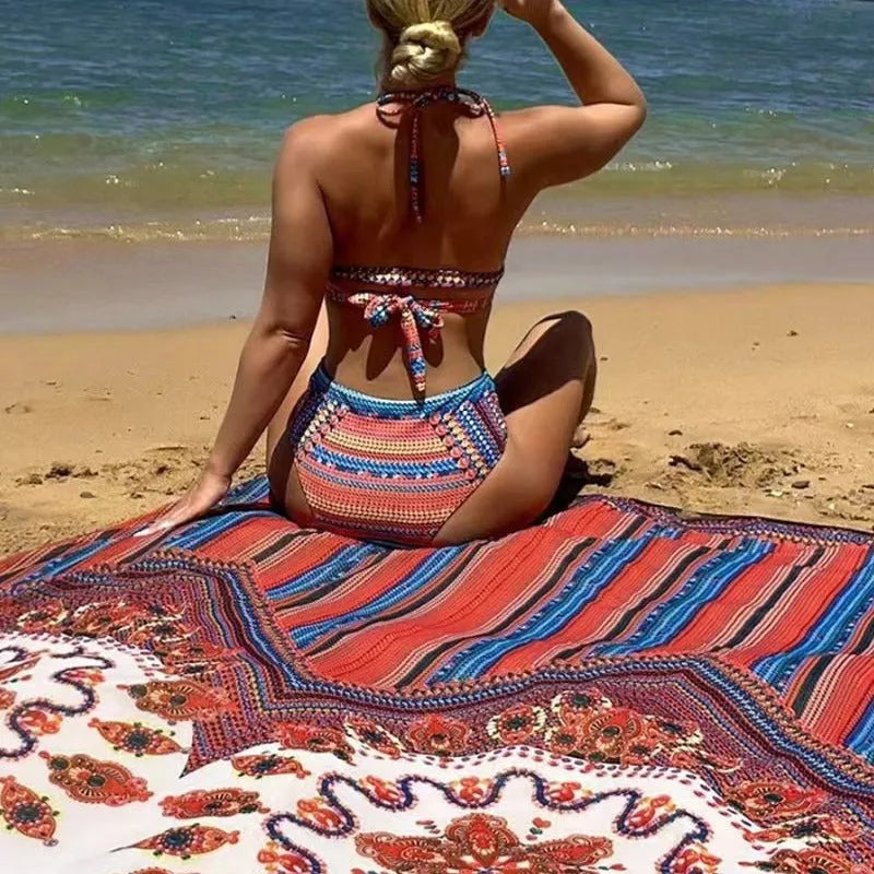 Three-piece split swimsuit set with high waist cutout blouse body and coat in picture color