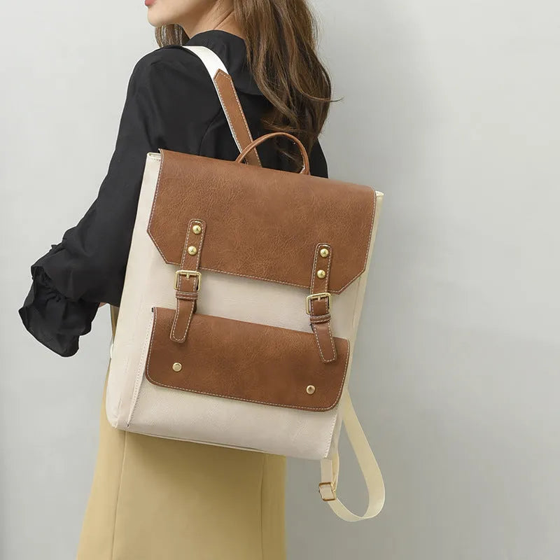 Korean style soft PU backpack in creamy white colour with retro design