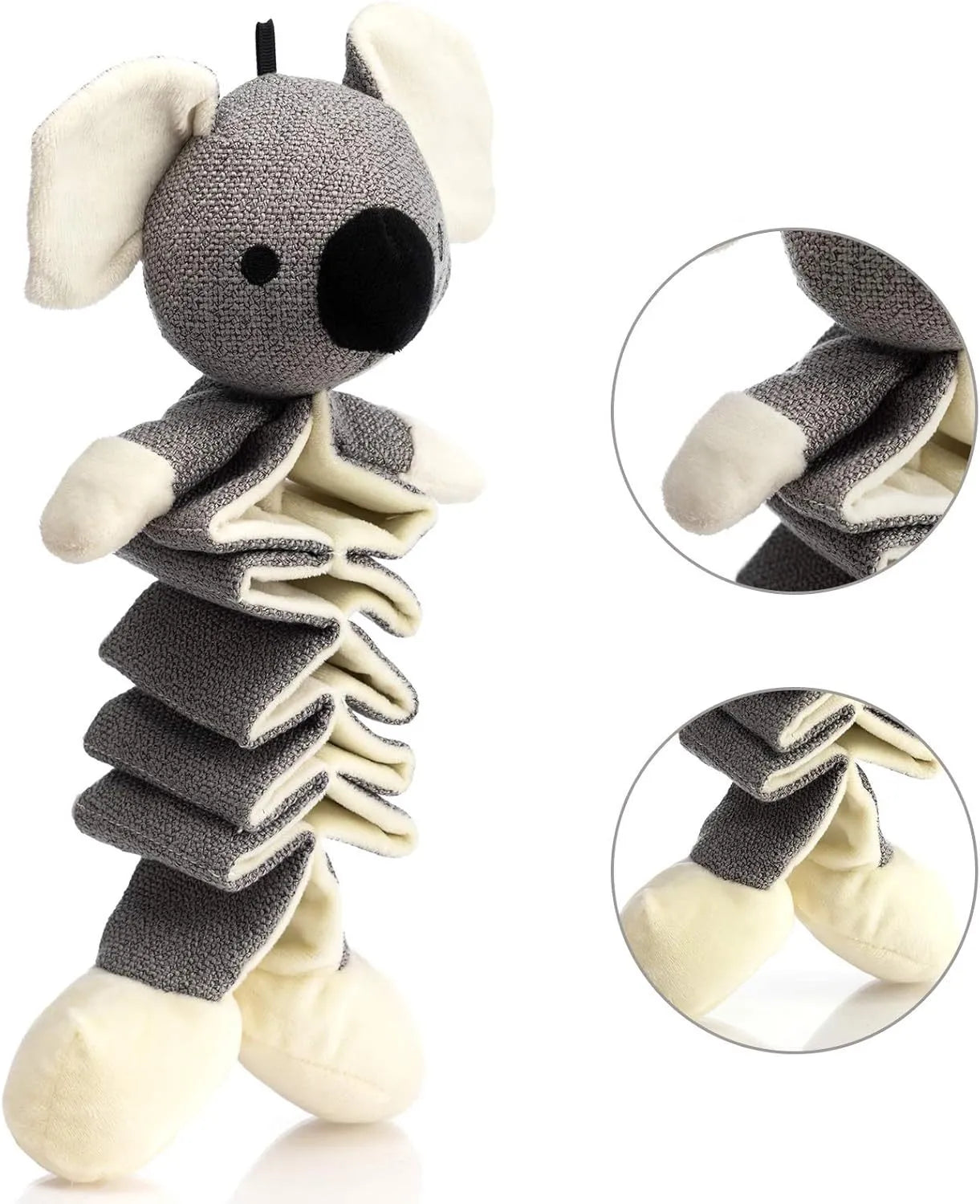 Grey koala-shaped dog toy measuring 30cm long with plush fabric and durable cloth construction.
