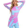 Conservative blue swimsuit three-piece set with matching apron laid flat.