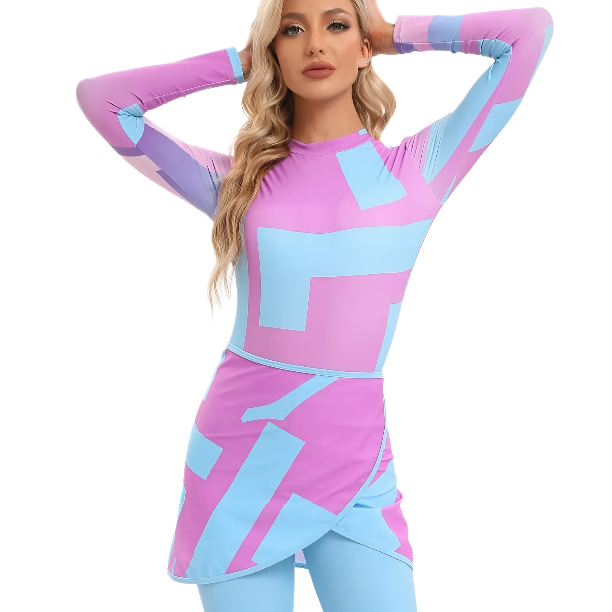 Conservative blue swimsuit three-piece set with matching apron laid flat.