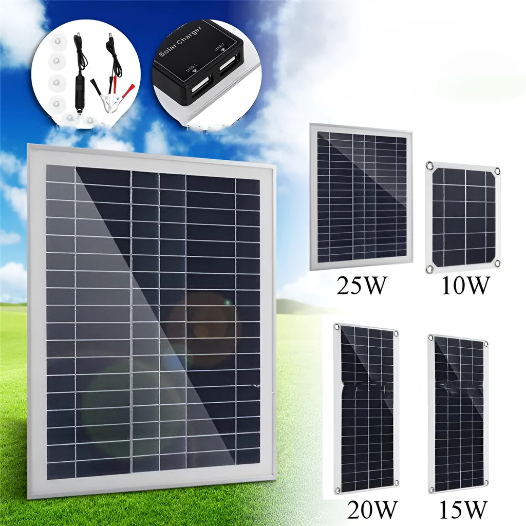 Polysilicon solar charging panel with dual USB ports for outdoor mobile phone charging.