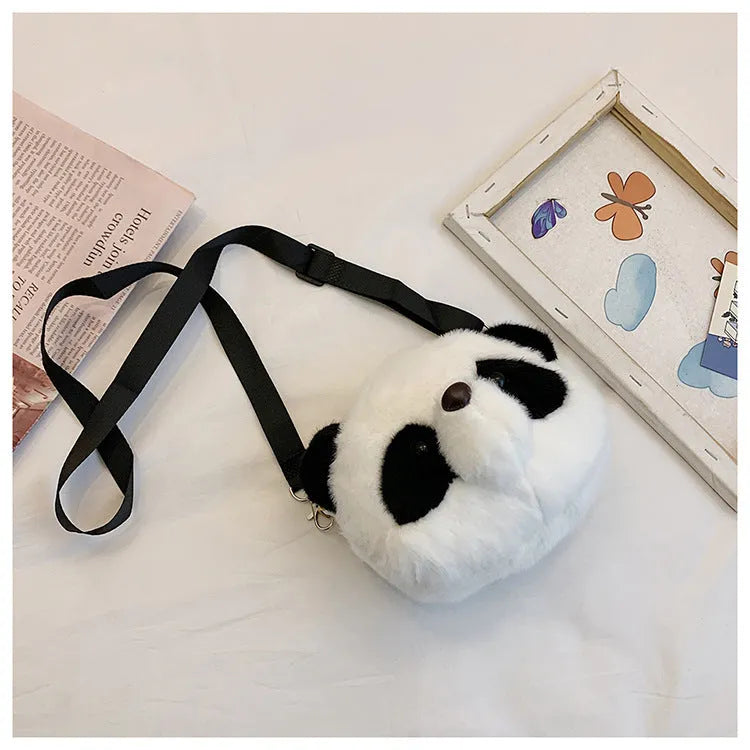 Panda head design plush crossbody bag with cylindrical shape and sandwich pocket