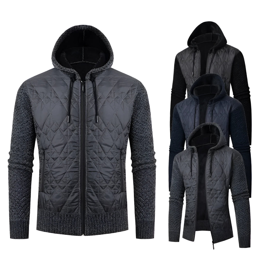 Men's grey hooded sweater coat with corduroy texture and cinched waist design