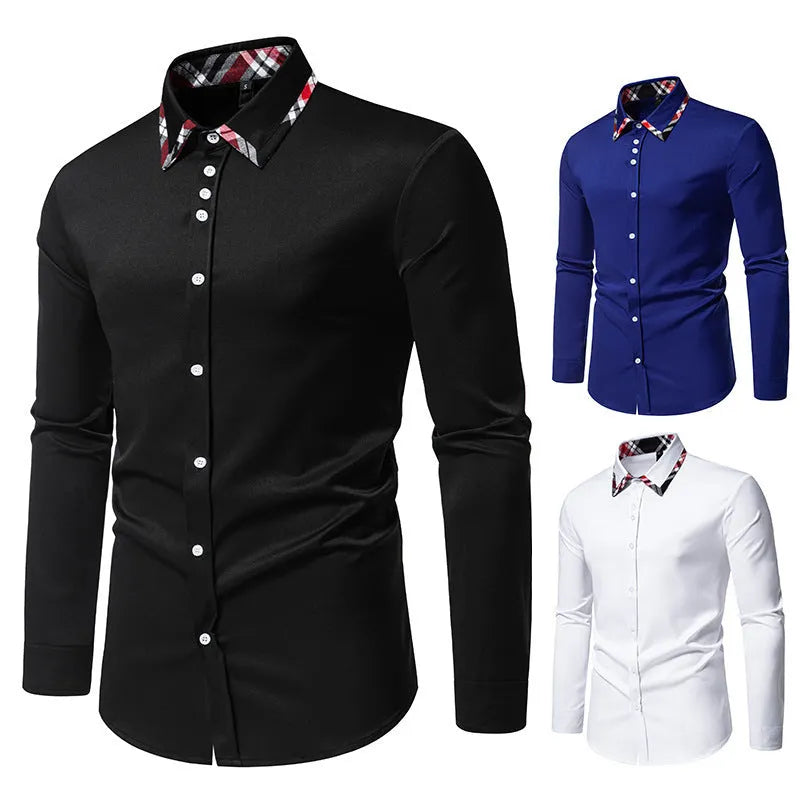Men's plaid contrast colour long sleeve shirt with triangle collar in blue, black or white options