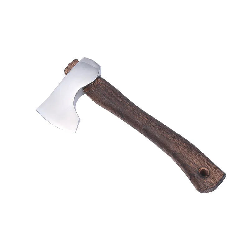 Camping axe with high carbon steel head and wooden handle for outdoor wood chopping