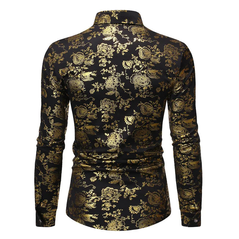 Men's casual shirt with metal bronzing printed lapel design in four colour options