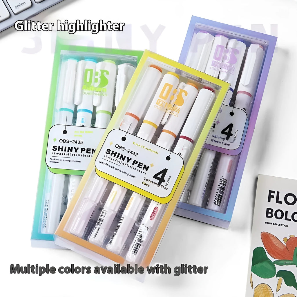 Set of four glitter fluorescent highlighter pens in six colour options with slanted 4mm tips