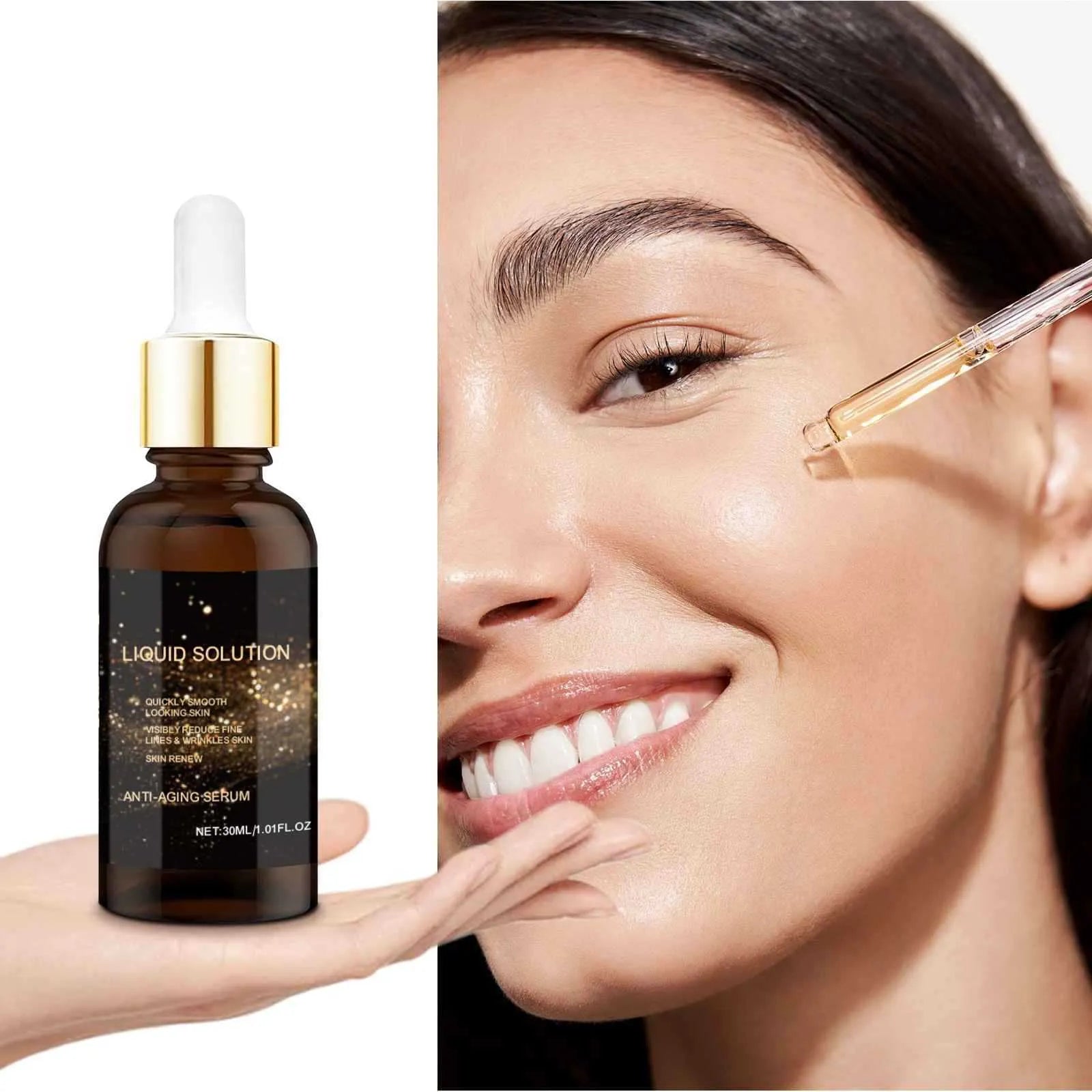 30ml facial moisturising liquid bottle with hyaluronic acid formulation measuring 9cm in height
