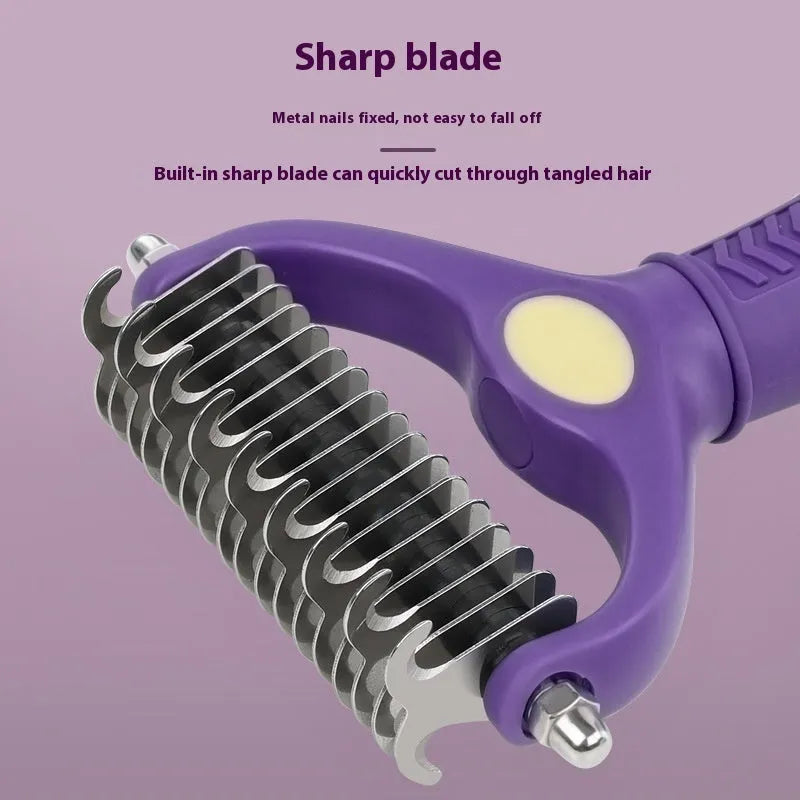 Purple double-sided plastic pet comb for untying knots on dogs and cats.