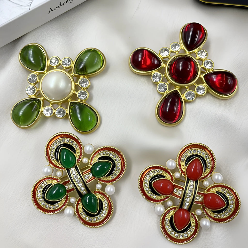Medieval baroque crystal cross brooch in vintage style with eight colour variations