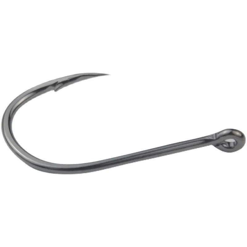 Barbed crooked mouth fishing hooks with hole rings for sea rock fishing, made from alloy carbon steel.